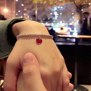 925 Sterling Silver Beaded Chain Bracelet A Teal Punk Red Heart Dangle Charm